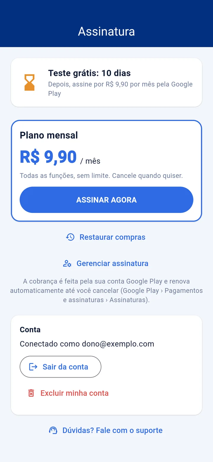 Tela de assinatura com o plano, o preço e o botão assinar