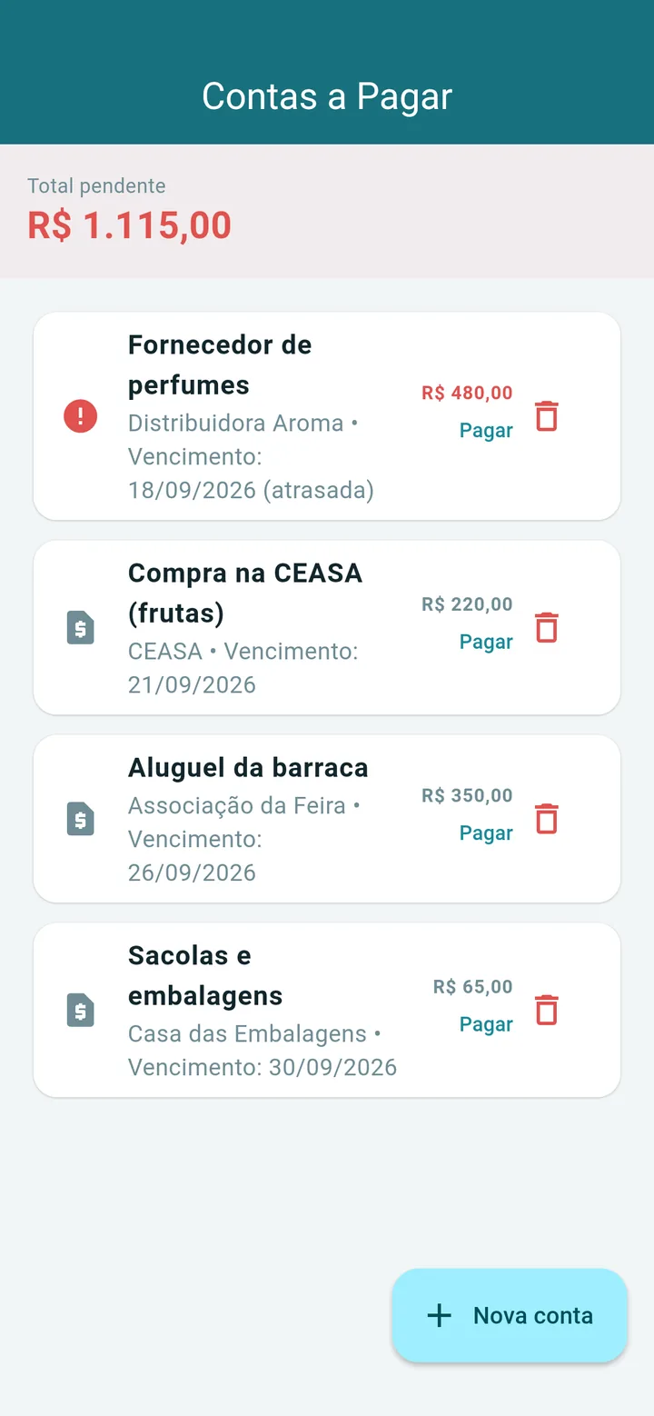 Lista de contas a pagar com fornecedores e vencimentos
