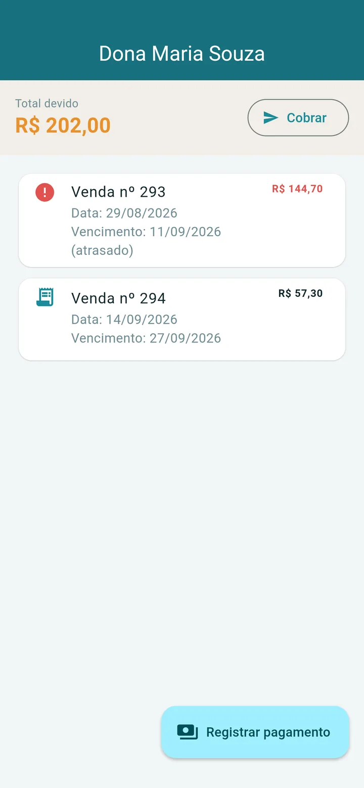 Detalhe do fiado de uma cliente com vendas e vencimentos
