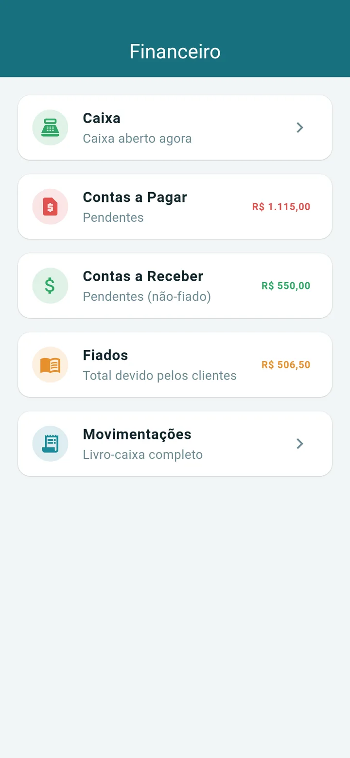Menu financeiro com caixa, contas a pagar, contas a receber e fiados