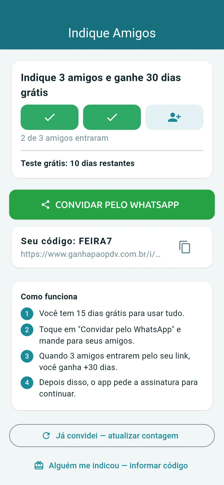 Tela Indique Amigos com código de convite e contador de amigos