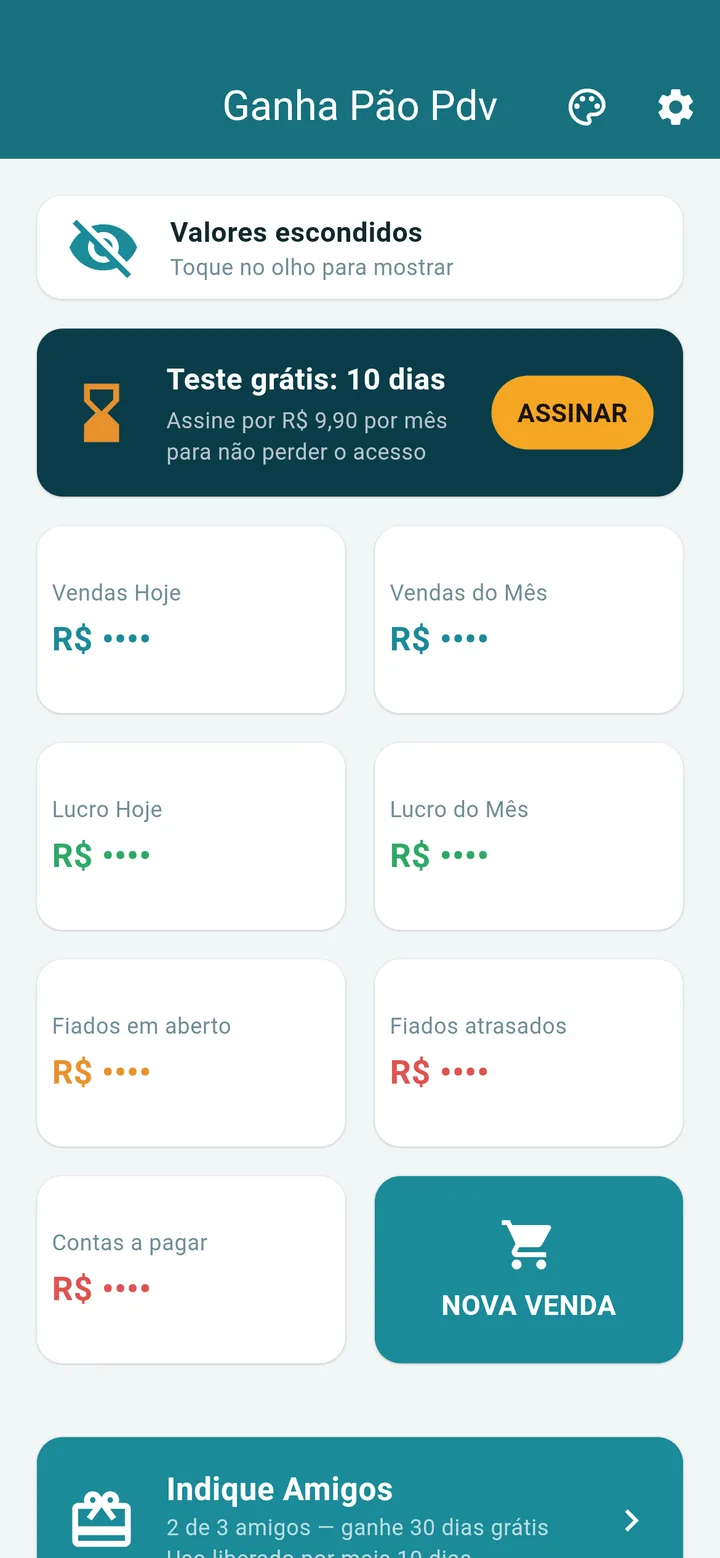 Painel com os valores escondidos