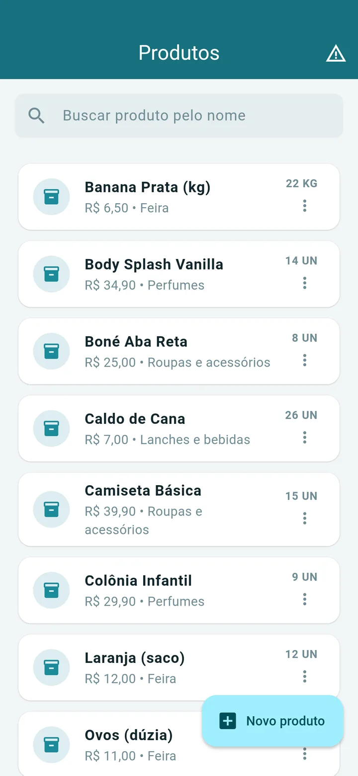 Lista de produtos com preços e categorias