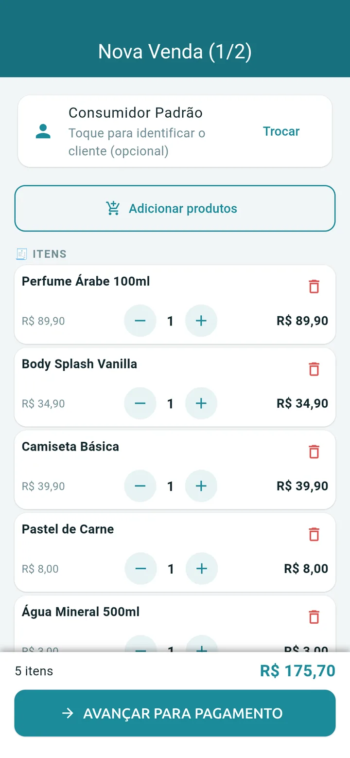 Tela de nova venda com carrinho de perfumes, lanches e roupas
