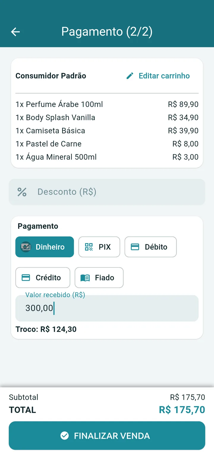 Tela de pagamento em dinheiro com o troco calculado